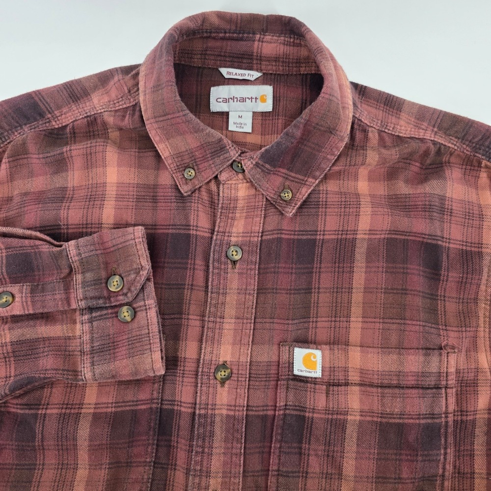 Carhartt Mens Relaxed Fit Flannel Shirt Medium Burgundy Brown Plaid Button Down